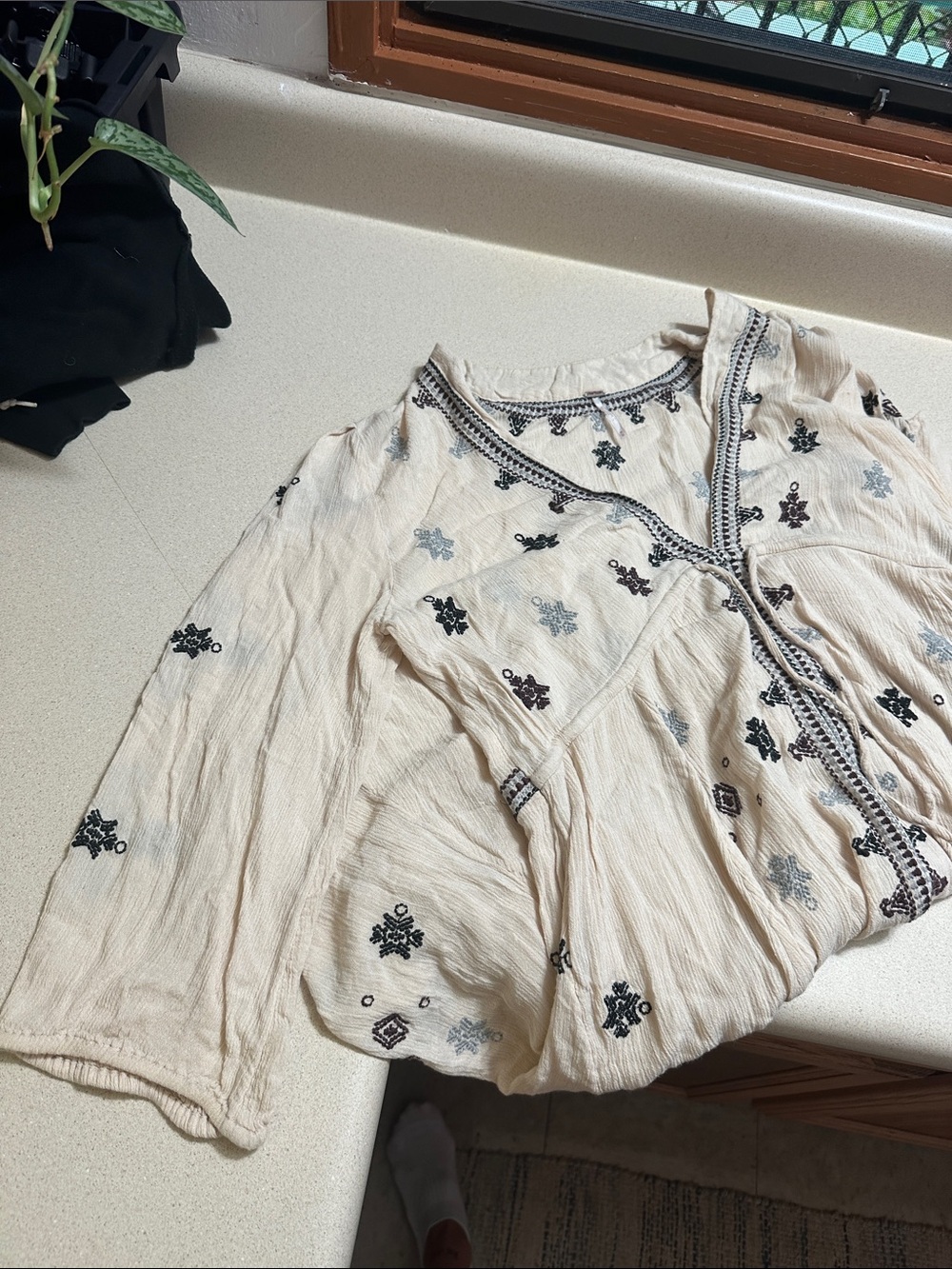 Embroidered Cream Boho Peasant Top
